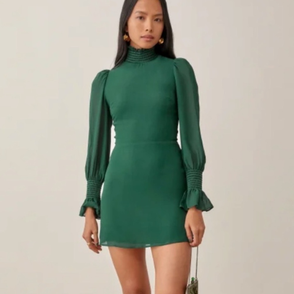 Reformation Archie Dress Emerald Size 6 Turtle Neck Mini Puff Long Sleeve